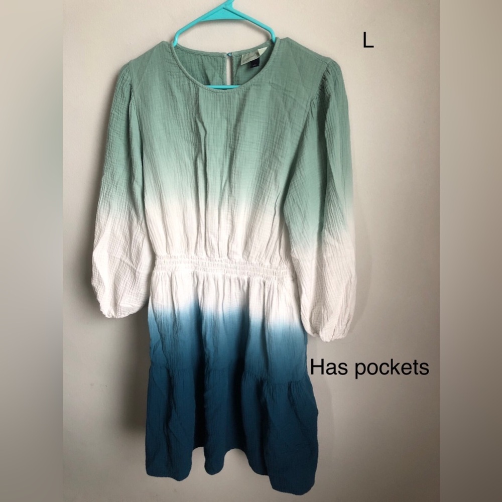 Blue and White Long-Sleeved Dress